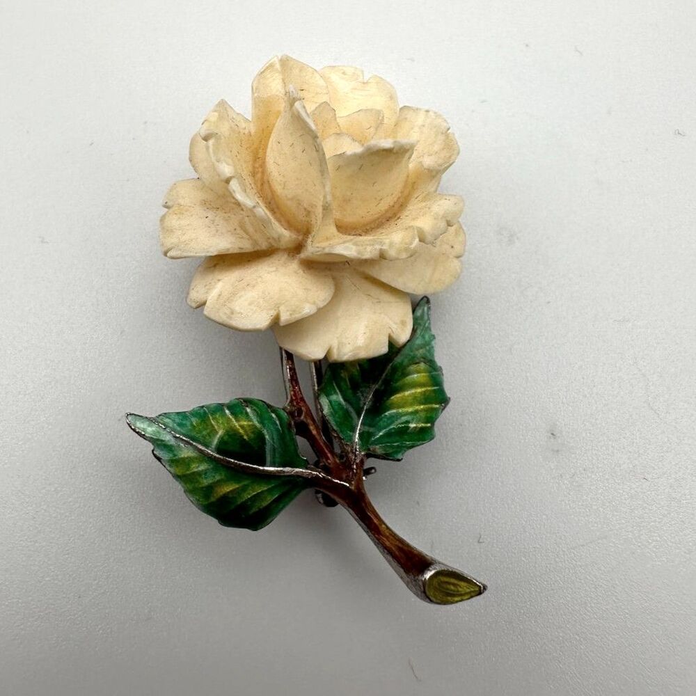 Vintage Carved Bone Rose Silver and Enamel Brooch